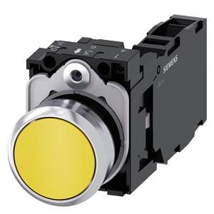 Siemens 3SU11500AB301FA0-Z X90 – Siemens Pushbutton, 22 mm, round, metal, shiny, yellow, pushbutton, flat, momentary contact type, wi