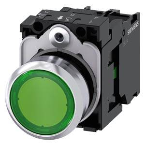 Siemens 3SU11520AB401BA0 – Siemens Illuminated pushbutton, 22 mm, round, metal, shiny, green, pushbutton, flat, momentary conta