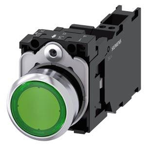 Siemens 3SU11520AB403FA0 – Siemens Illuminated pushbutton, 22 mm, round, metal, shiny, green, pushbutton, flat, momentary conta